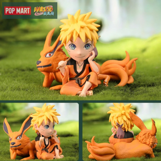 Pop Mart Naruto Shippuden series, Naruto sitting on the ground with nine tailed fox Kurama laying behind him